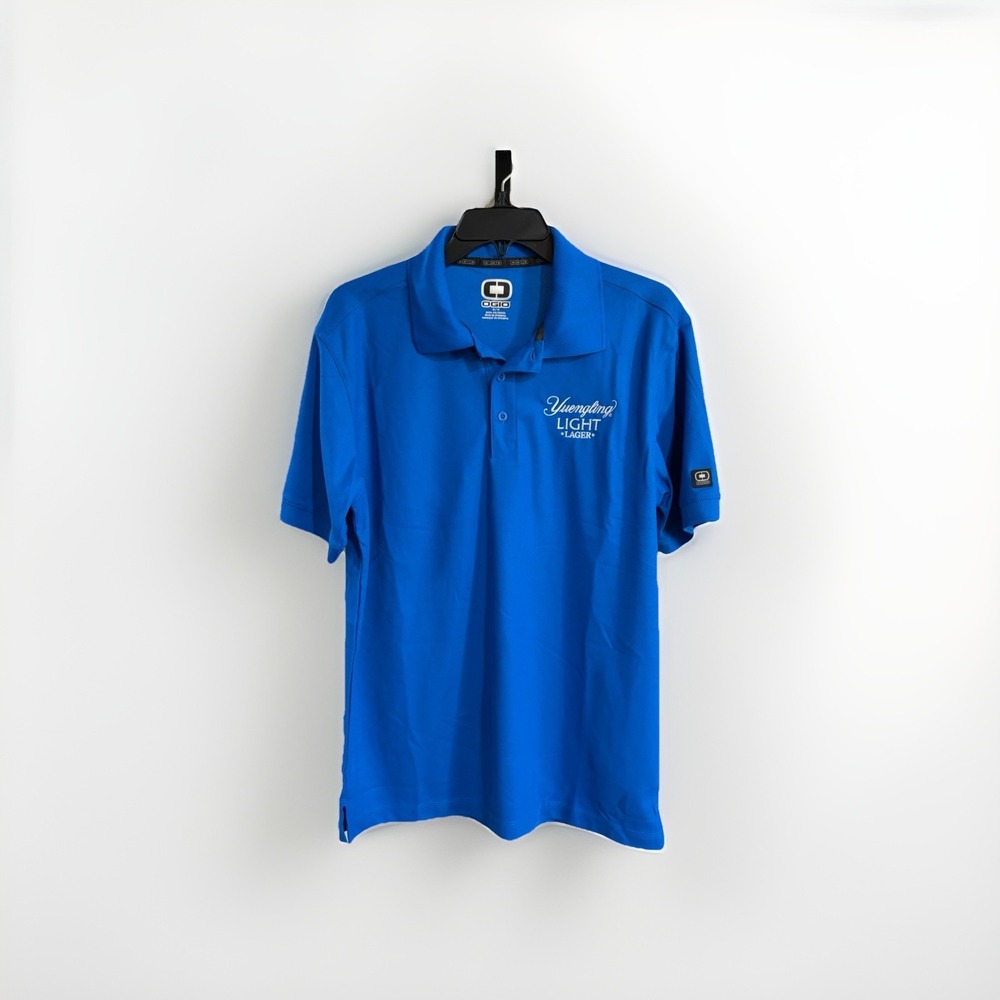 Yuengling LIGHT LAGER beer polo shirt costume logo stretch blue MEDIUM EUC C53